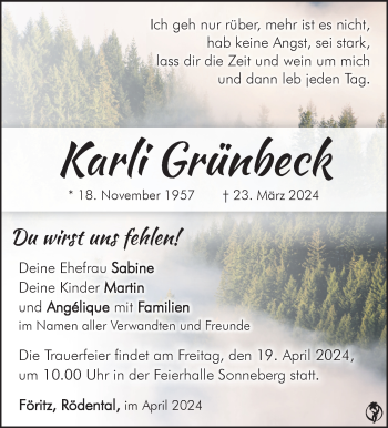 Traueranzeige von Karli Grünbeck von Südthüringer Presse