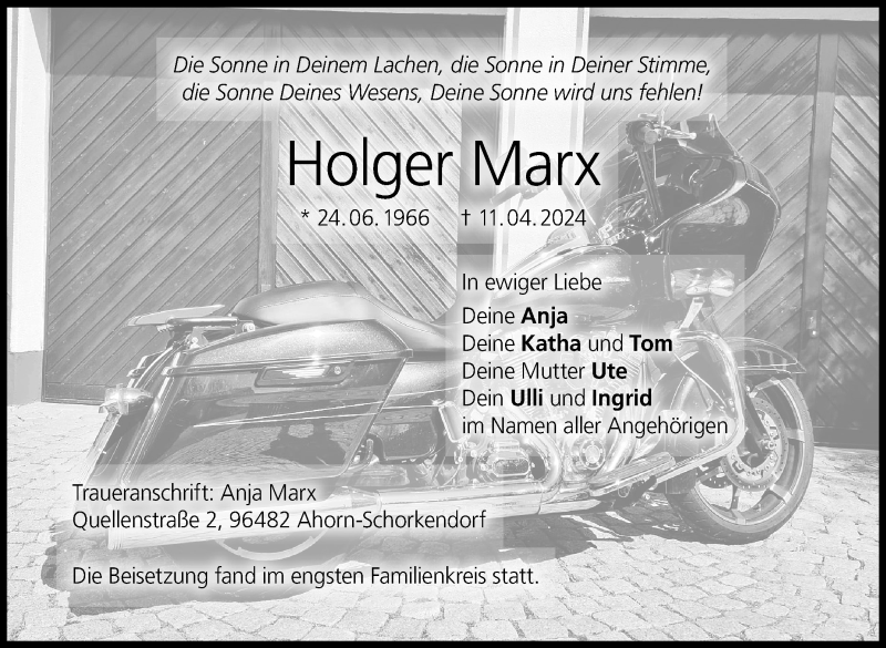  Traueranzeige für Holger Marx vom 20.04.2024 aus Neue Presse Coburg