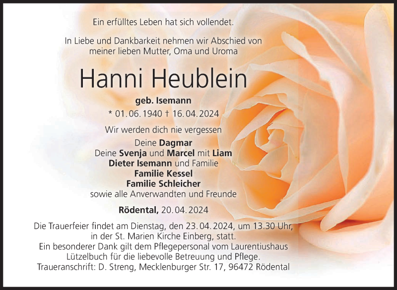  Traueranzeige für Hanni Heublein vom 20.04.2024 aus Neue Presse Coburg