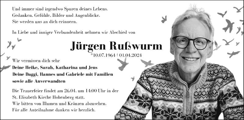  Traueranzeige für Jürgen Rußwurm vom 20.04.2024 aus Frankenpost