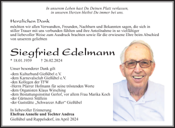 Traueranzeige von Siegfried Edelmann von Südthüringer Presse