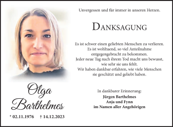 Traueranzeige von Olga Barthelmes von Südthüringer Presse