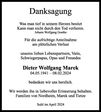 Traueranzeige von Dieter Marek von Südthüringer Presse