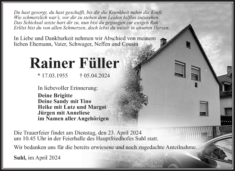  Traueranzeige für Rainer Füller vom 13.04.2024 aus Südthüringer Presse