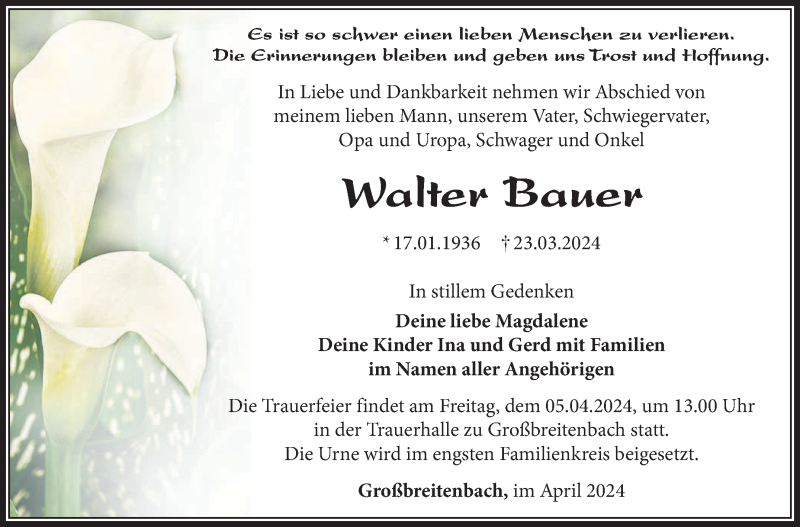  Traueranzeige für Walter Bauer vom 03.04.2024 aus Südthüringer Presse