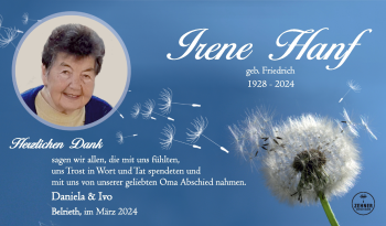 Traueranzeige von Irene Hanf von Südthüringer Presse