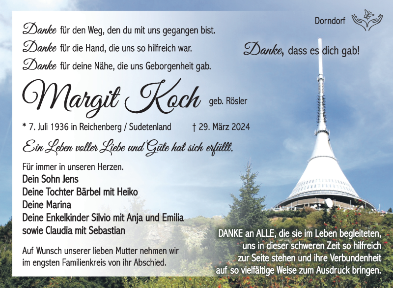  Traueranzeige für Margit Koch vom 13.04.2024 aus Südthüringer Presse