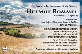 Traueranzeige von Helmut Rommel von Südthüringer Presse