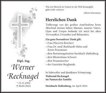 Traueranzeige von Werner Recknagel von Südthüringer Presse
