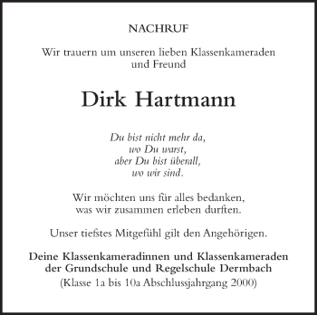 Traueranzeige von Dirk Hartmann von Südthüringer Presse