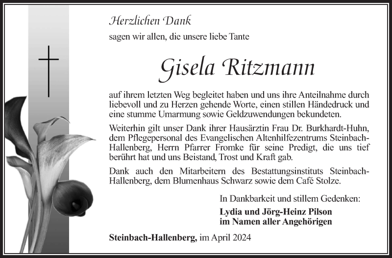  Traueranzeige für Gisela Ritzmann vom 13.04.2024 aus Südthüringer Presse