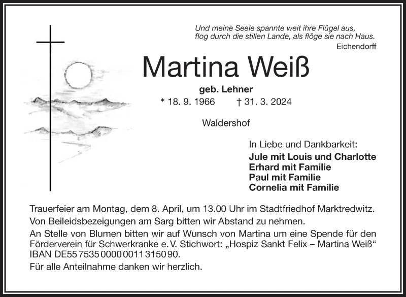  Traueranzeige für Martina Weiß vom 06.04.2024 aus Frankenpost