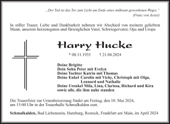 Traueranzeige von Harry Hucke von Südthüringer Presse