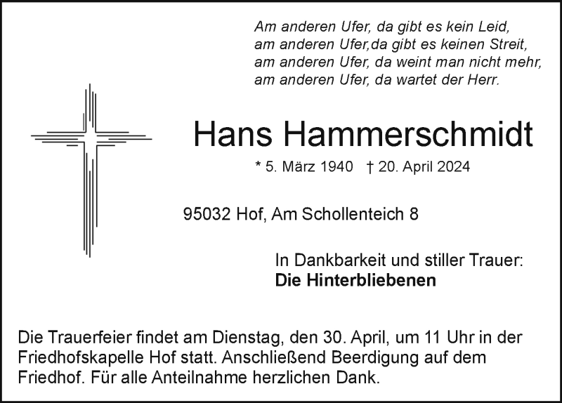  Traueranzeige für Hans Hammerschmidt vom 27.04.2024 aus Frankenpost