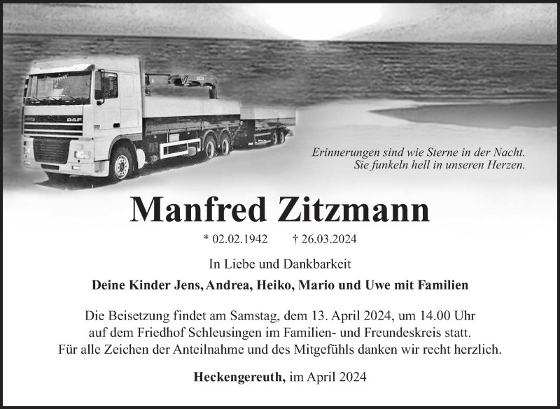  Traueranzeige für Manfred Zitzmann vom 06.04.2024 aus Südthüringer Presse