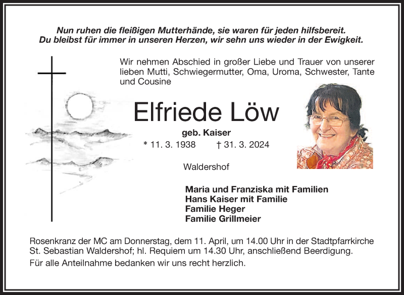  Traueranzeige für Elfriede Löw vom 06.04.2024 aus Frankenpost