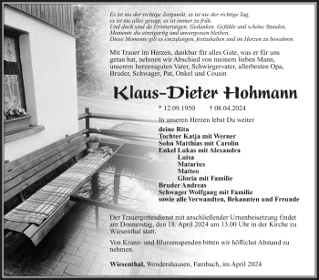 Traueranzeige von Klaus-Dieter Hohmann von Südthüringer Presse