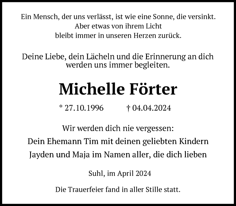  Traueranzeige für Michelle Förter vom 27.04.2024 aus Südthüringer Presse