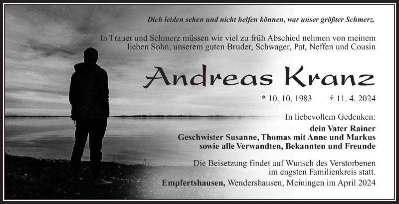  Traueranzeige für Andreas Kranz vom 13.04.2024 aus Südthüringer Presse