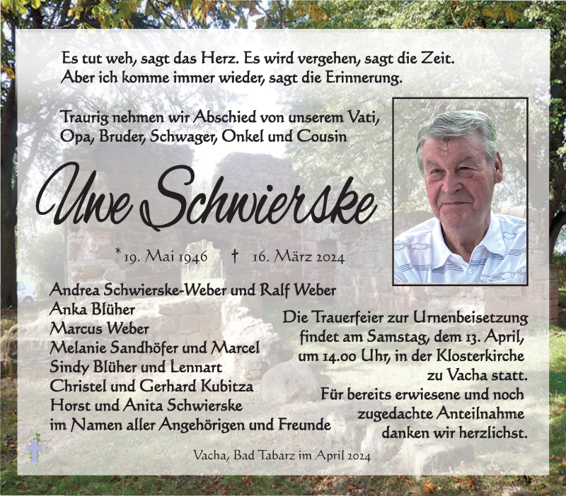 Traueranzeige für Uwe Schwierske vom 06.04.2024 aus Südthüringer Presse