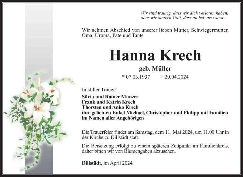  Traueranzeige für Hanna Krech vom 27.04.2024 aus Südthüringer Presse