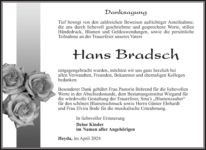  Traueranzeige für Hans Bradsch vom 06.04.2024 aus Südthüringer Presse