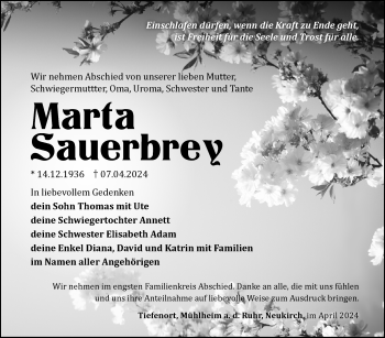 Traueranzeige von Marta Sauerbrey von Südthüringer Presse