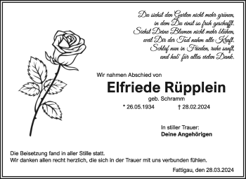 Traueranzeige von Elfriede Rüpplein von Frankenpost