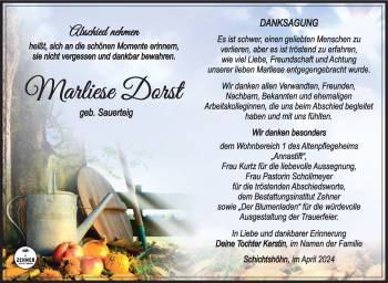 Traueranzeige von Marliese Dorst von Südthüringer Presse