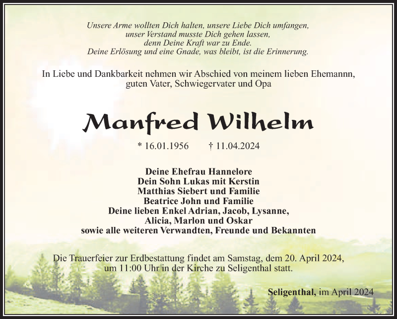  Traueranzeige für Manfred Wilhelm vom 17.04.2024 aus Südthüringer Presse
