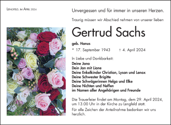 Traueranzeige von Gertrud Sachs von Südthüringer Presse