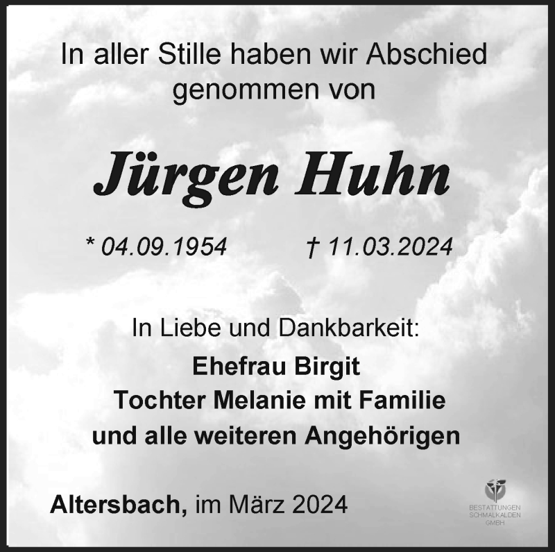  Traueranzeige für Jürgen Huhn vom 06.04.2024 aus Südthüringer Presse
