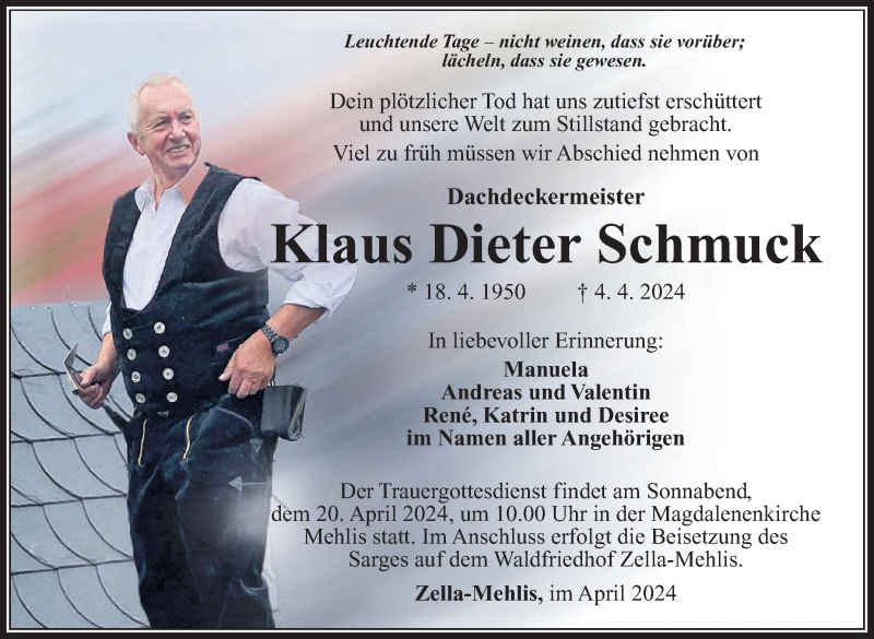  Traueranzeige für Klaus Dieter Schmuck vom 18.04.2024 aus Südthüringer Presse