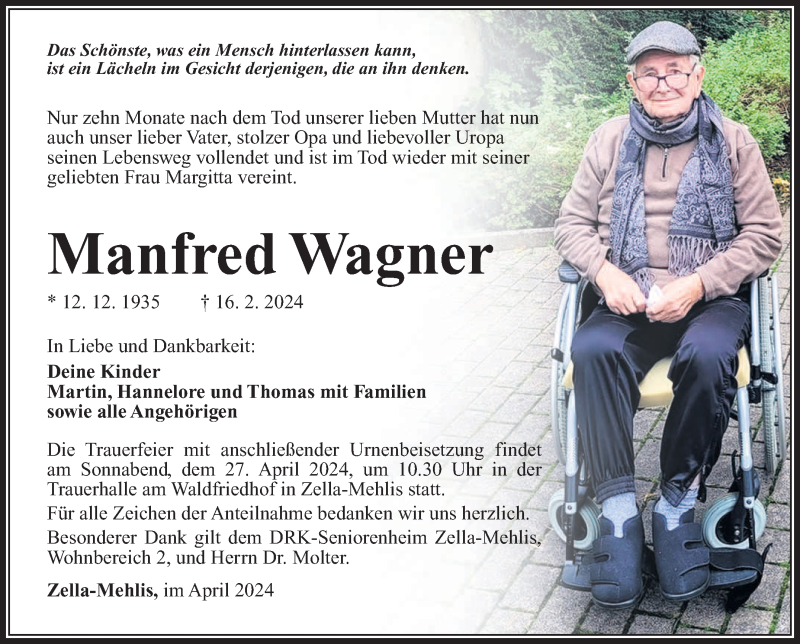  Traueranzeige für Manfred Wagner vom 20.04.2024 aus Südthüringer Presse