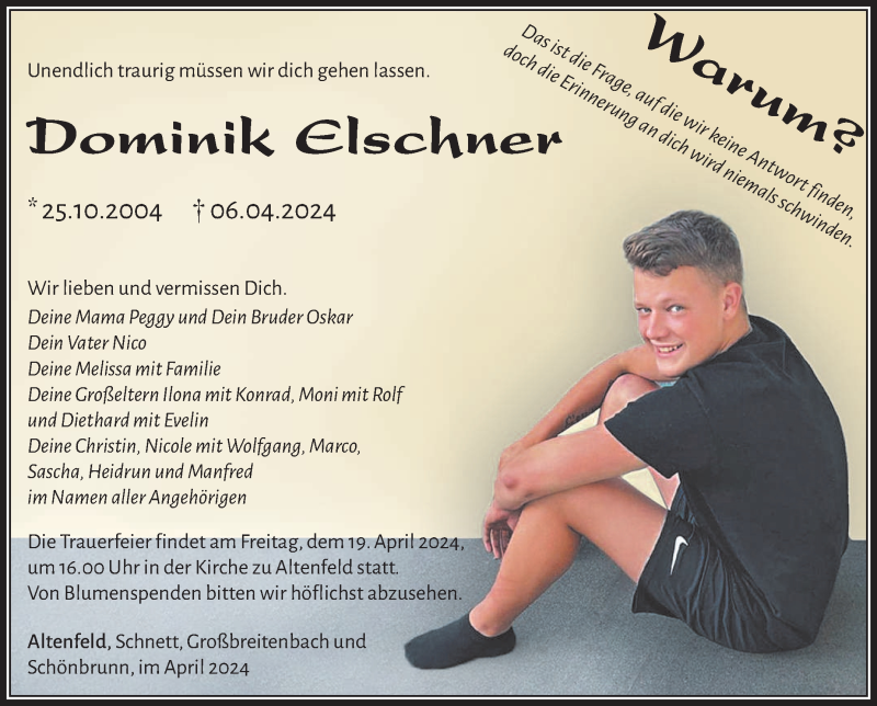  Traueranzeige für Dominik Elschner vom 16.04.2024 aus Südthüringer Presse