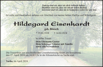 Traueranzeige von Hildegard Eisenhardt von Südthüringer Presse