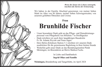 Traueranzeige von Brunhilde Fischer von Südthüringer Presse