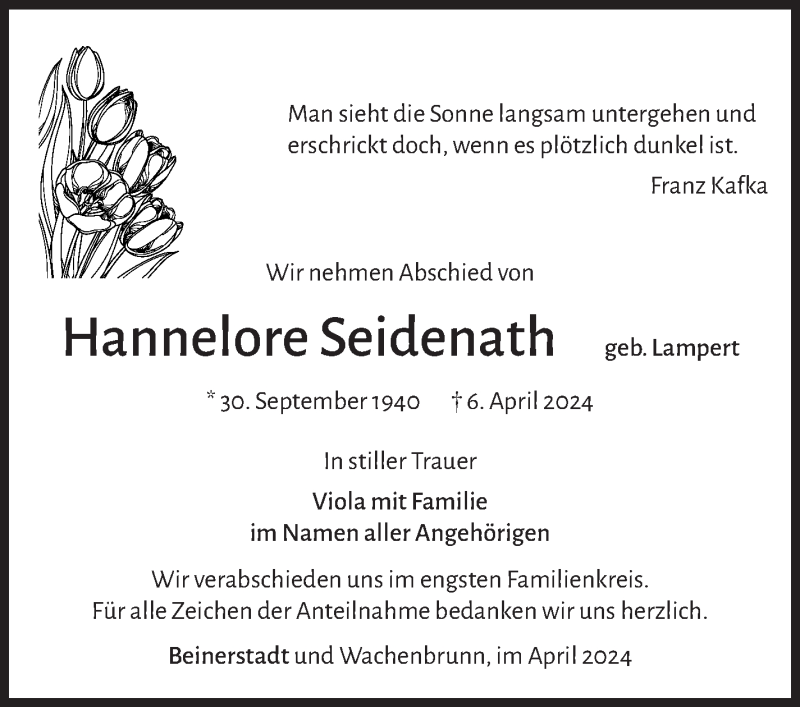  Traueranzeige für Hannelore Seindennath vom 13.04.2024 aus Südthüringer Presse