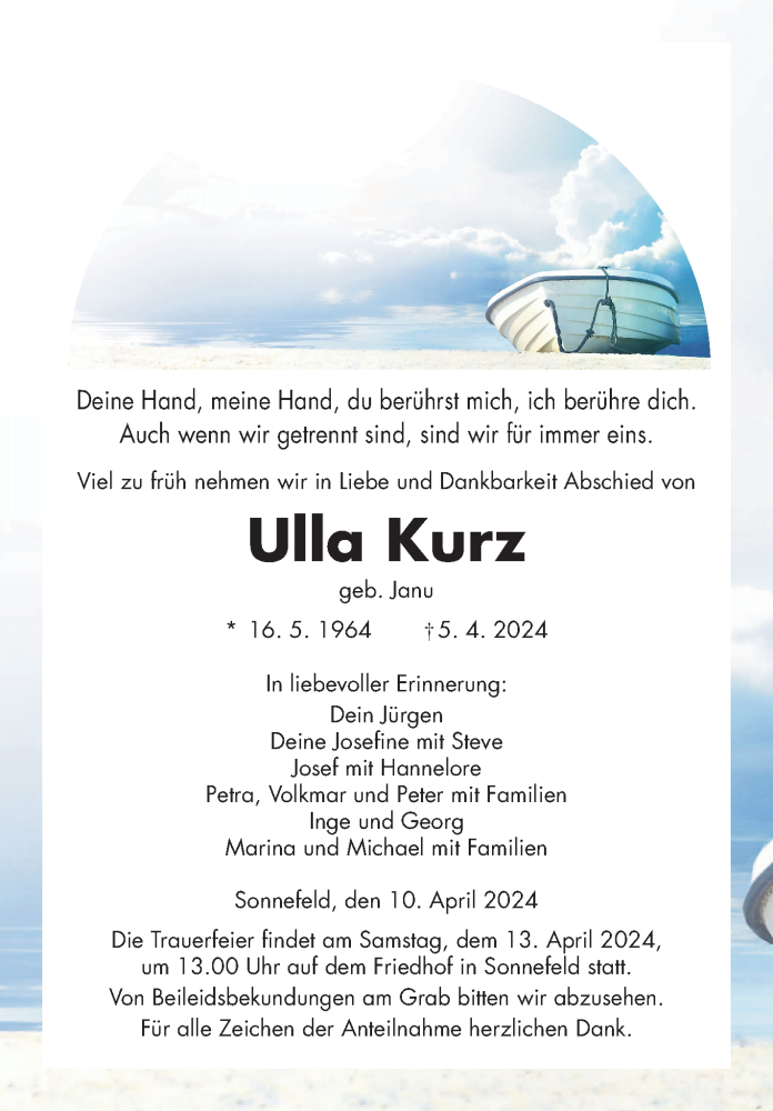  Traueranzeige für Ulla Kurz vom 10.04.2024 aus Neue Presse Coburg