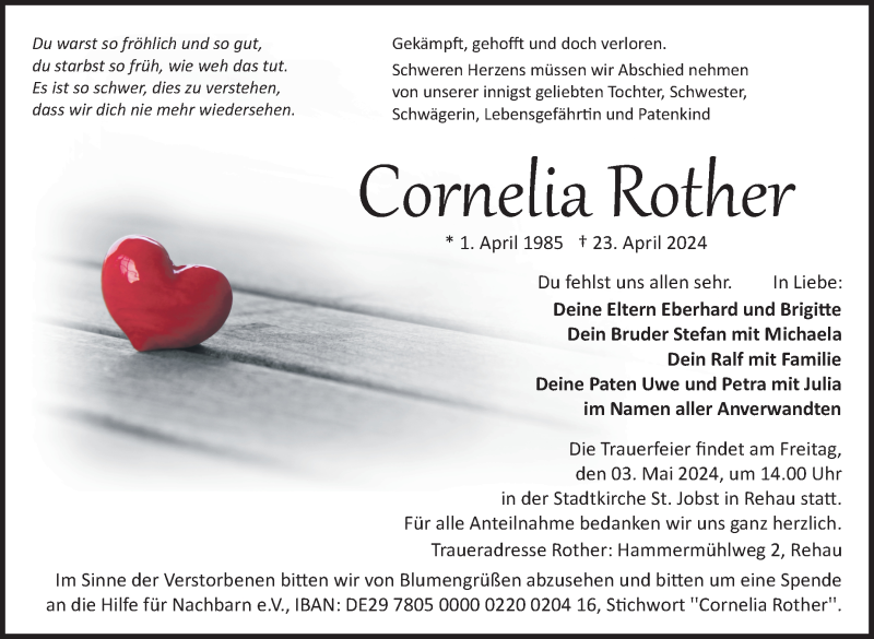  Traueranzeige für Cornelia Rother vom 27.04.2024 aus Frankenpost