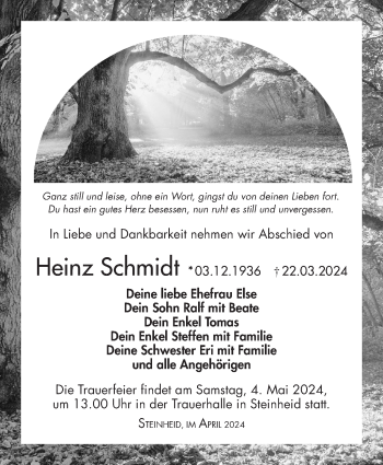 Traueranzeige von Heinz Schmidt von Südthüringer Presse