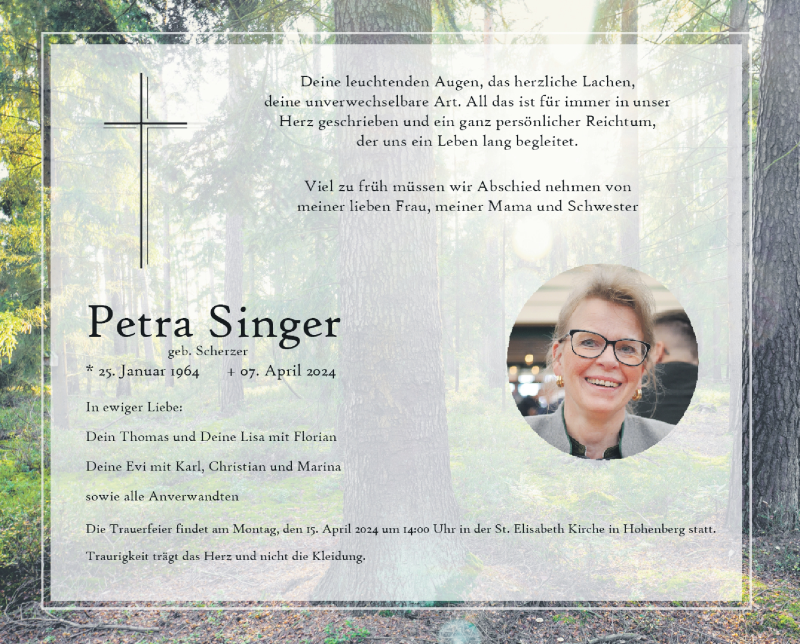  Traueranzeige für Petra Singer vom 10.04.2024 aus Frankenpost