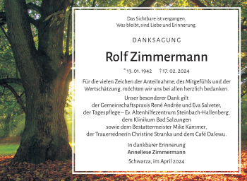 Traueranzeige von Rolf Zimmermann von Südthüringer Presse