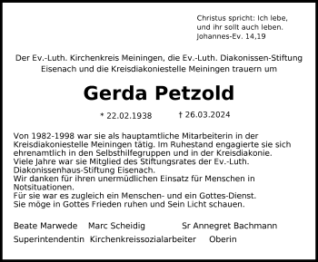 Traueranzeige von Gerda Petzold von Südthüringer Presse