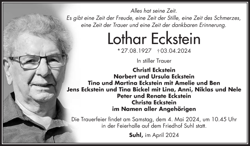  Traueranzeige für Lothar Eckstein vom 13.04.2024 aus Südthüringer Presse