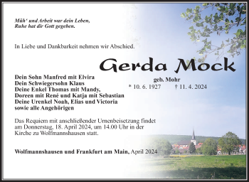 Traueranzeige von Gerda Mock von Südthüringer Presse