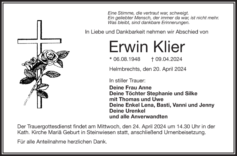  Traueranzeige für Erwin Klier vom 20.04.2024 aus Frankenpost