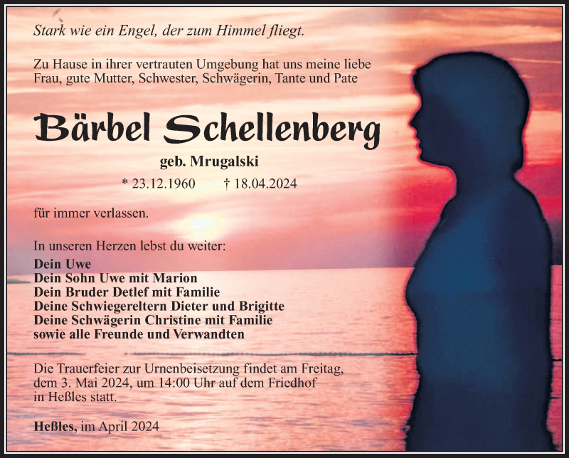  Traueranzeige für Bärbel Schellenberg vom 27.04.2024 aus Südthüringer Presse