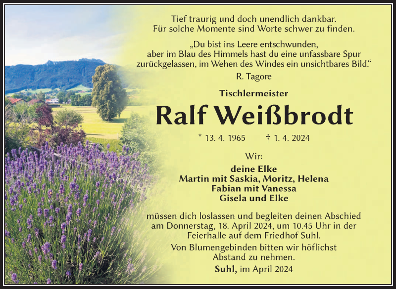  Traueranzeige für Ralf Weißbrodt vom 13.04.2024 aus Südthüringer Presse