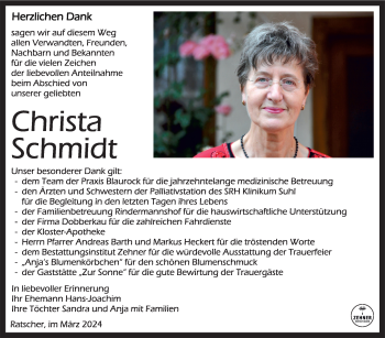 Traueranzeige von Christa Schmidt von Südthüringer Presse